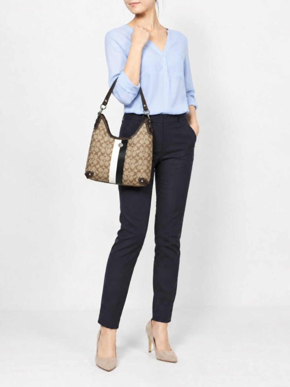 Coach Signature Stripe Chelsea Hobo Shoulder Bag F14476 Khaki Brown - Picture 3 of 13